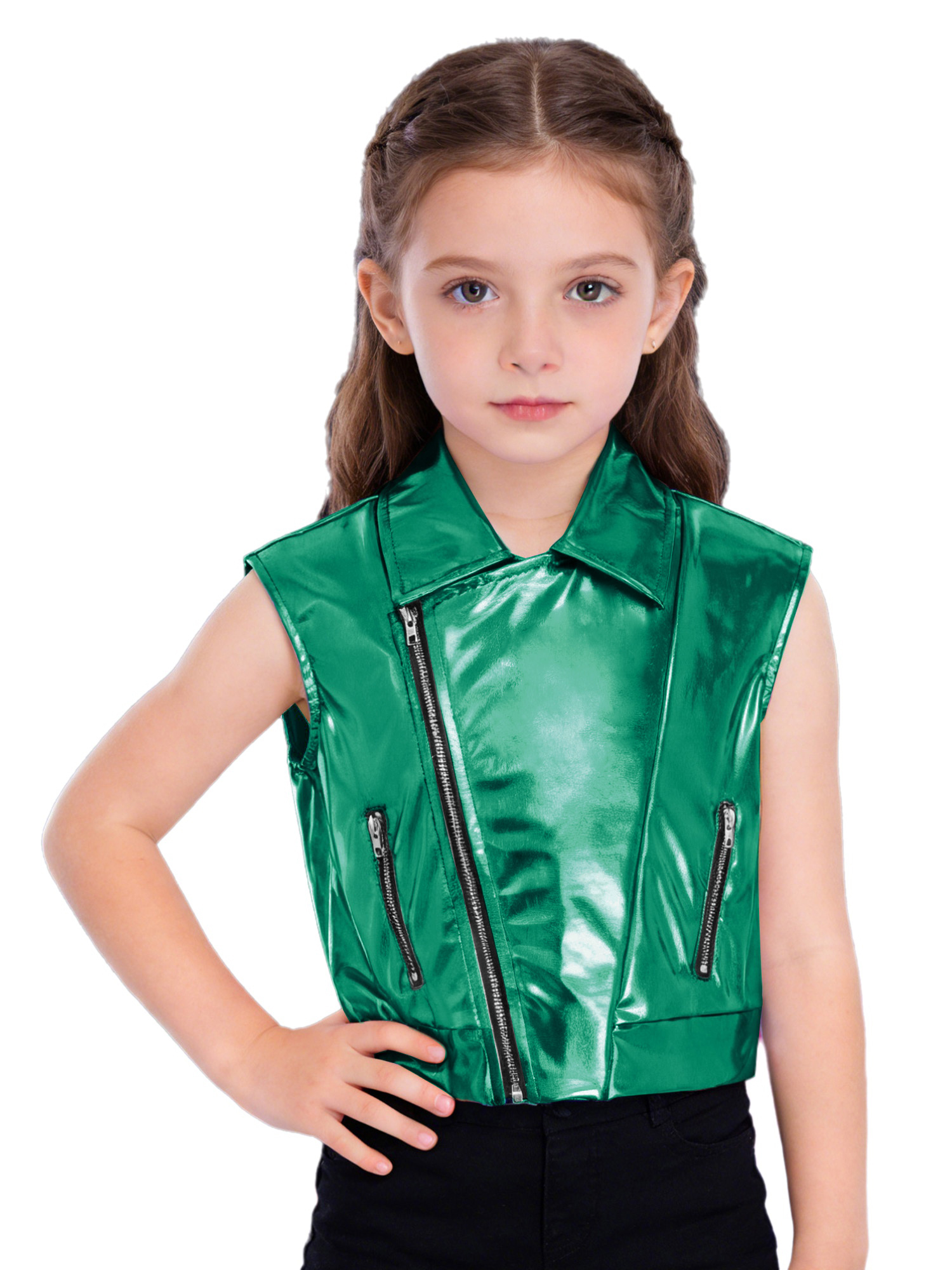 YiZYiF Unisex Kids Boys Girls Zipper Metallic Jacket Turn-Down Collar Vest Sleeveless Outerwear for Hip Hop Dance Party Stage Performance - 6