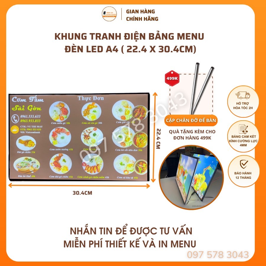 Bảng hộp đèn led menu kích thước a4, khung tranh điện để bàn, treo tường, hộp đèn quảng cáo
