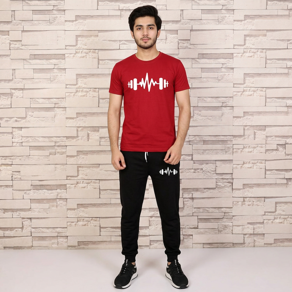 Trendy dumbbells Tag Printed Summer Tracksuit For Men & Boys Tee-shirt with trousers New Design Round Neck Half Sleeves T Shirts Top Quality Gym Wear/Casual and comfortable Pair T-Shirt and Trouser