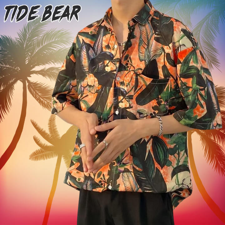 TIDE BEAR Short sleeve print shirt men's Japanese vintage bf Hawaiian beach shirt ราคา 161 บาท*ส่งฟรี
