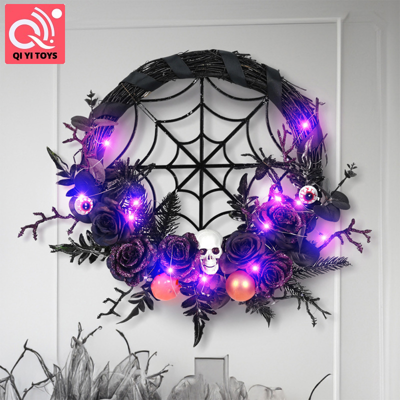 Halloween Vòng hoa với đèn LED, đáng sợ Halloween Rose web Vòng Hoa đầu lâu kinh dị cây nho Vòng hoa trang trí cho cửa trước bức tường lò sưởi cửa sổ
