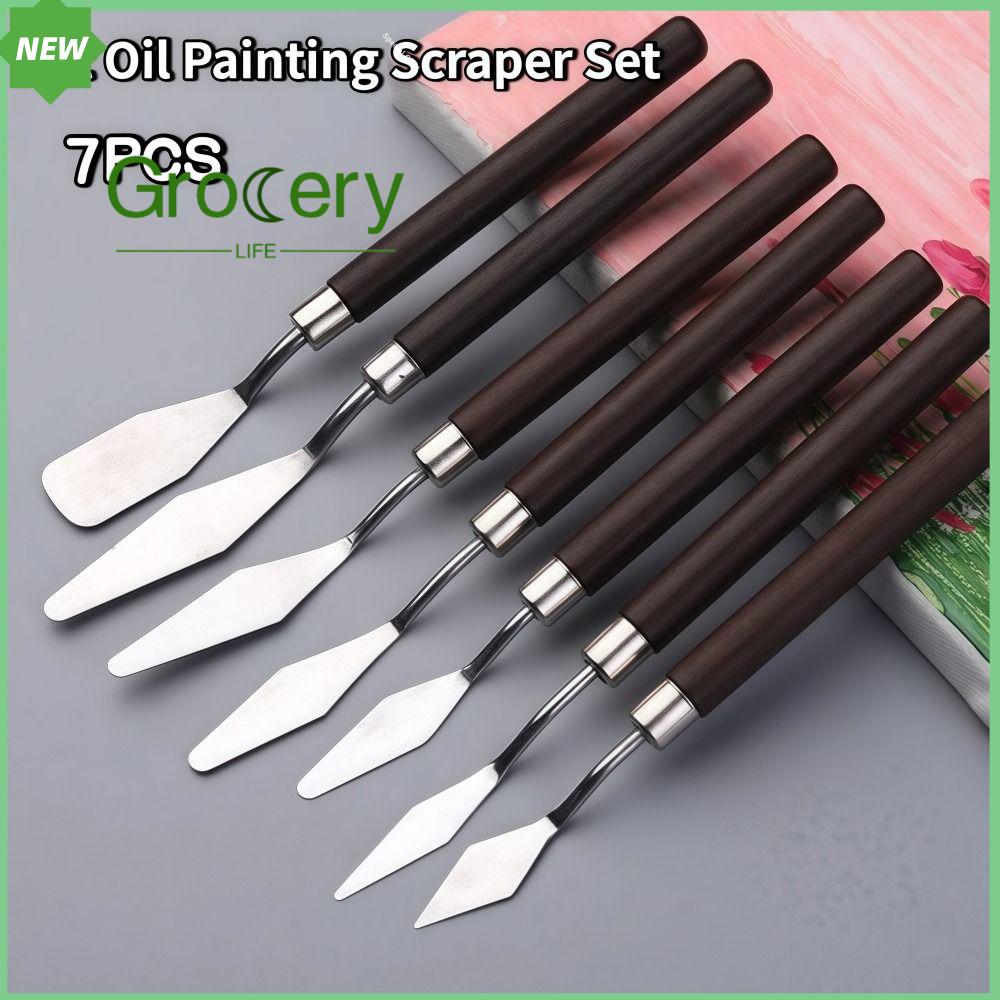 GROCERY LIFE 7PCS Bằng gỗ Bộ cọ vẽ tranh sơn dầu nghệ thuật Nhẹ Thép không gỉ Bộ cọ vẽ Di động Ngăn ngừa rỉ sét Xẻng trộn sơn màu nước Công cụ vẽ