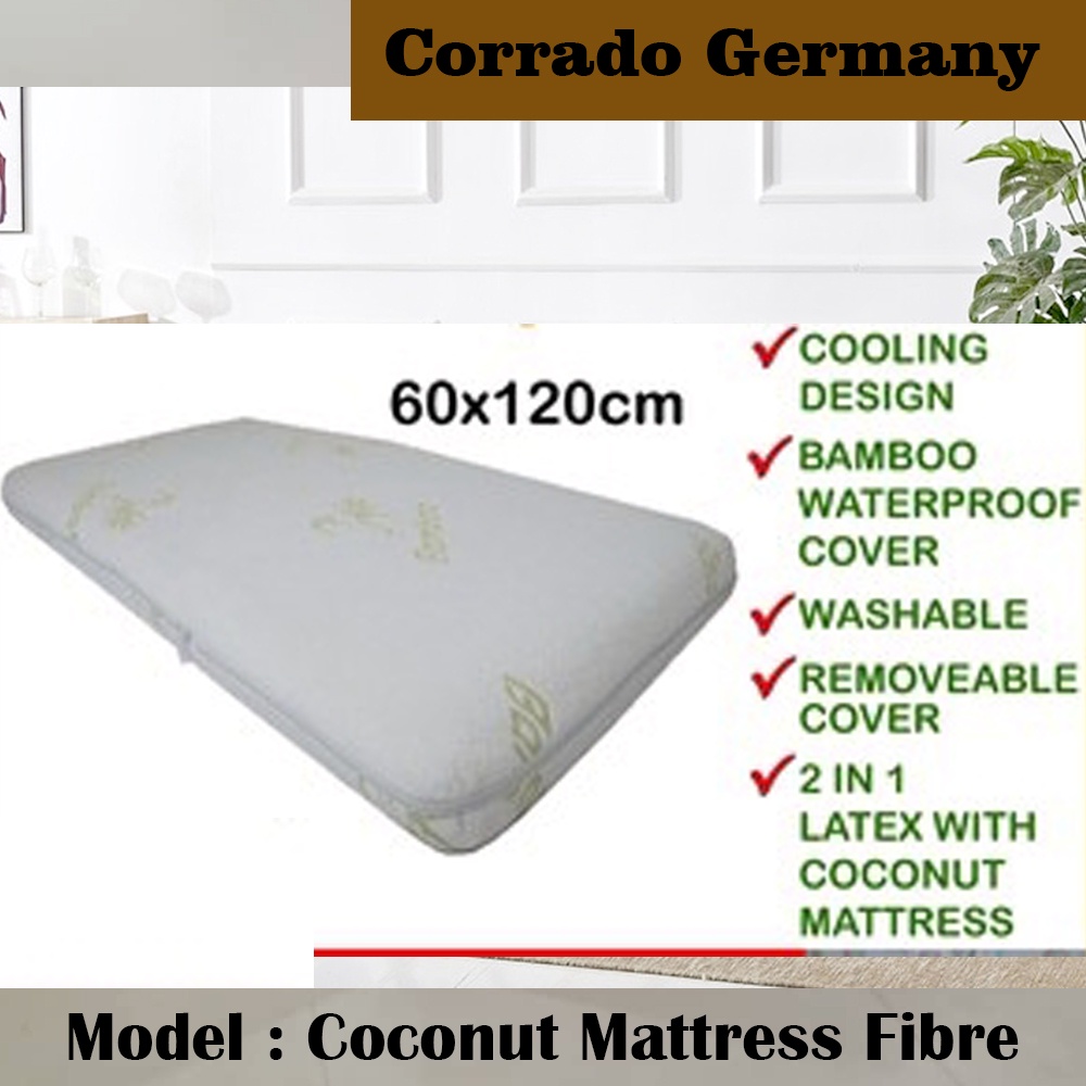 100 % Natural Coconut Mattress Fibre + Latex with Bamboo Cover Baby Cot Mattress (24x48x6cm) 120x60cm