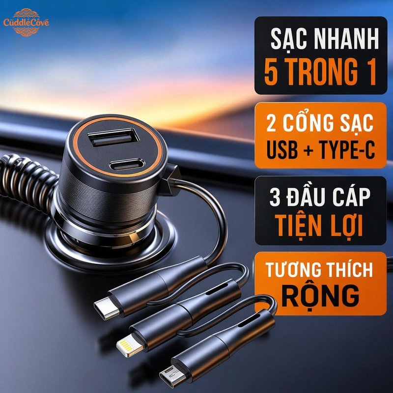 CuddleCove 5 in 1 car charger with 3 in 1 cable fast charging overload protection for phone tablet camera Giá 151,000 Đồng*Miễn phí vận chuyển