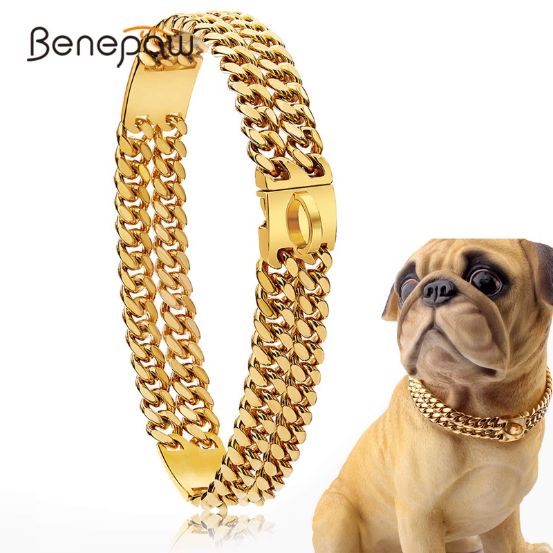 Benepaw Heavy Duty Strong Cuban Chain Necklace Dog Collar Strong 18K Gold Plated Charm Stainless Steel Metal Dog Training Collar ราคา 810 บาท*ส่งฟรี