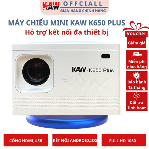 Máy trình chiếu, máy chiếu mini kaw k650 plus full-hd 1080p wifi, trình chiếu sắc nét có khả năng thay thế cả tv, độ sáng cao - siêu sắc nét - kết nối wifi, bluetooth tiện lợi, bảo hành 12 tháng