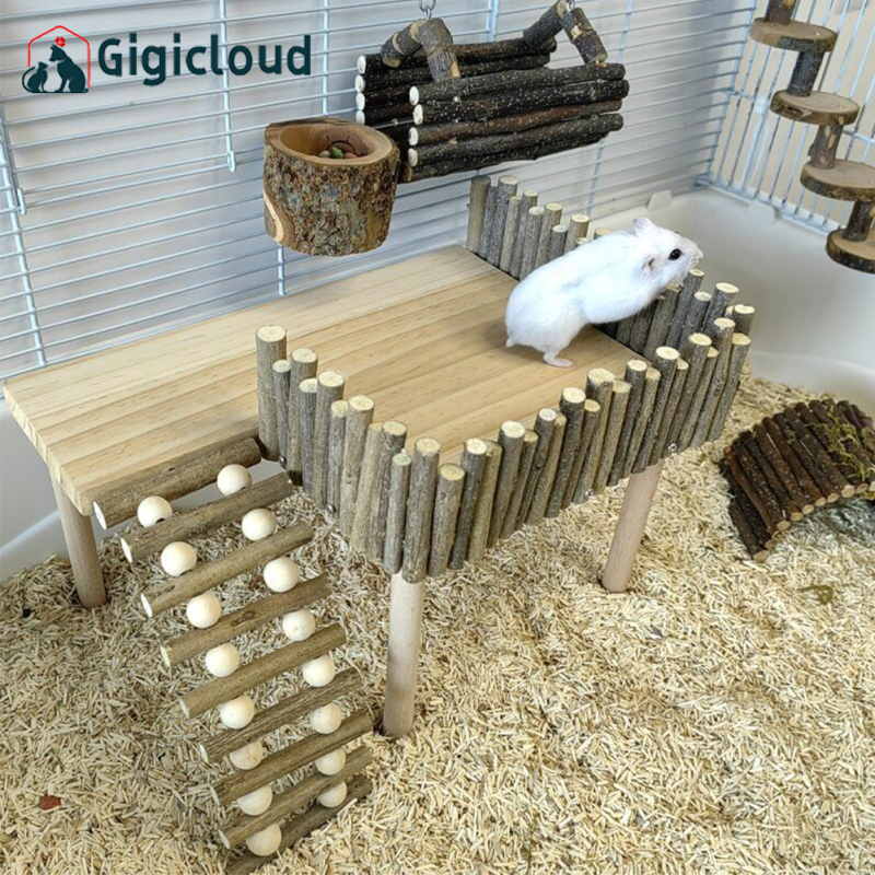 Gigicloud Natural Wooden Platform Stand Shelf For Hamster Golden Bear