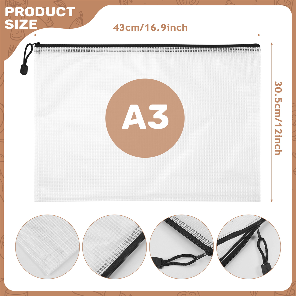 12PCS A3 Folder Information Zipper Bag Plastic Wallet Mesh File Bag Zipper Bag Zipper Wallet