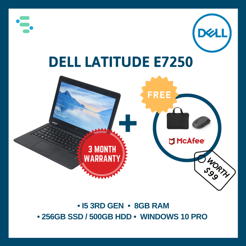 Dell Latitude E7250 | 12.5 | Intel Core i5-5300U | 8GB Ram | 500GB HDD / 256GB SSD | 90 Day Warranty | FREE Laptop Bag + Wireless Mouse + Anti-Virus