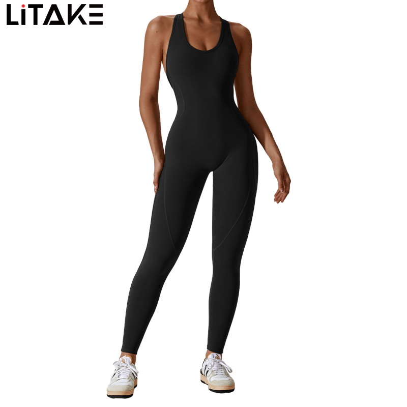 Women Yoga Romper Jumpsuits With Bra Padded Solid Color U Neck Sleeveless Long Pants Ribbed Workout ราคา 545 บาท*ส่งฟรี