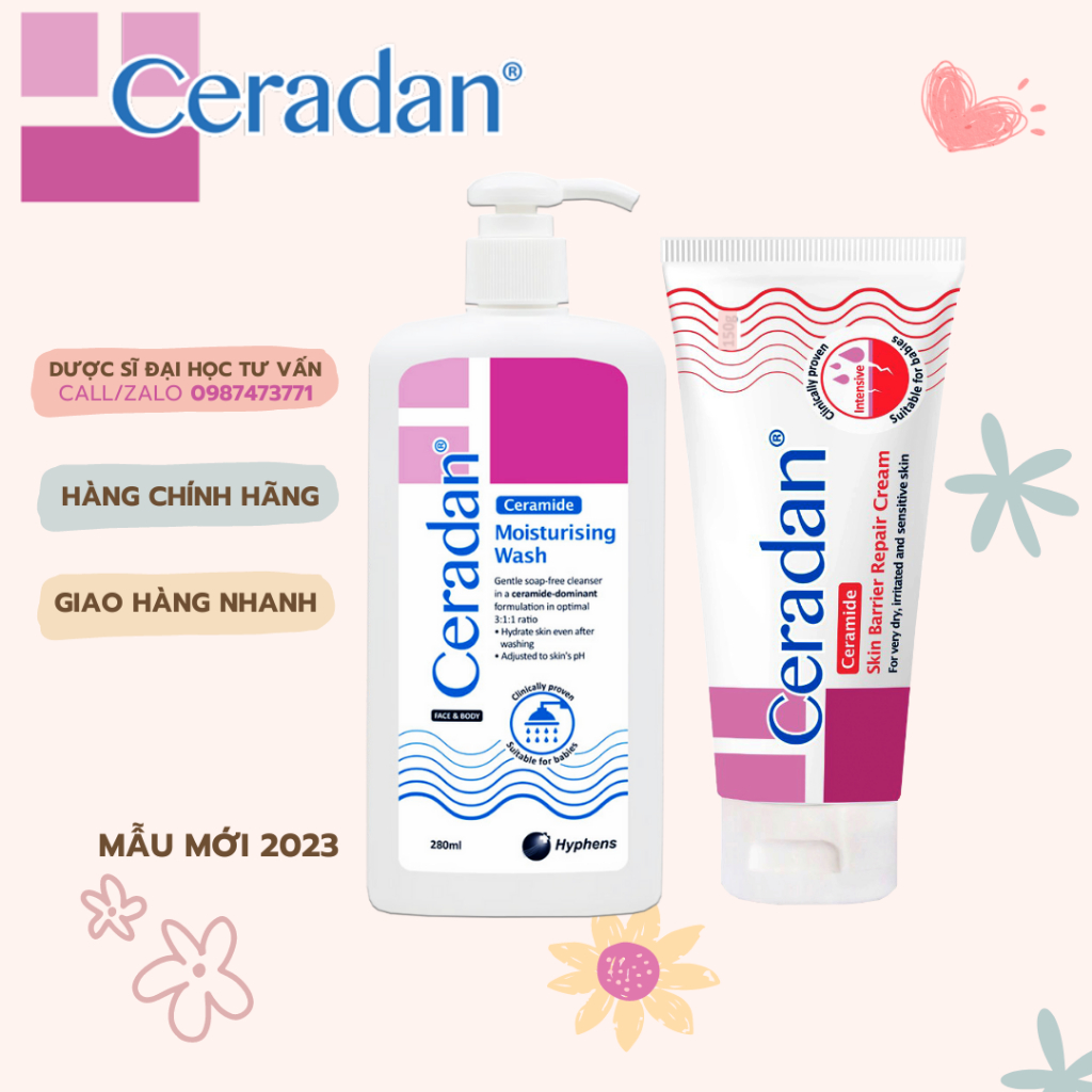 Combo ceradan sữa tắm + cấp ẩm phục hồi da với cream ceramide