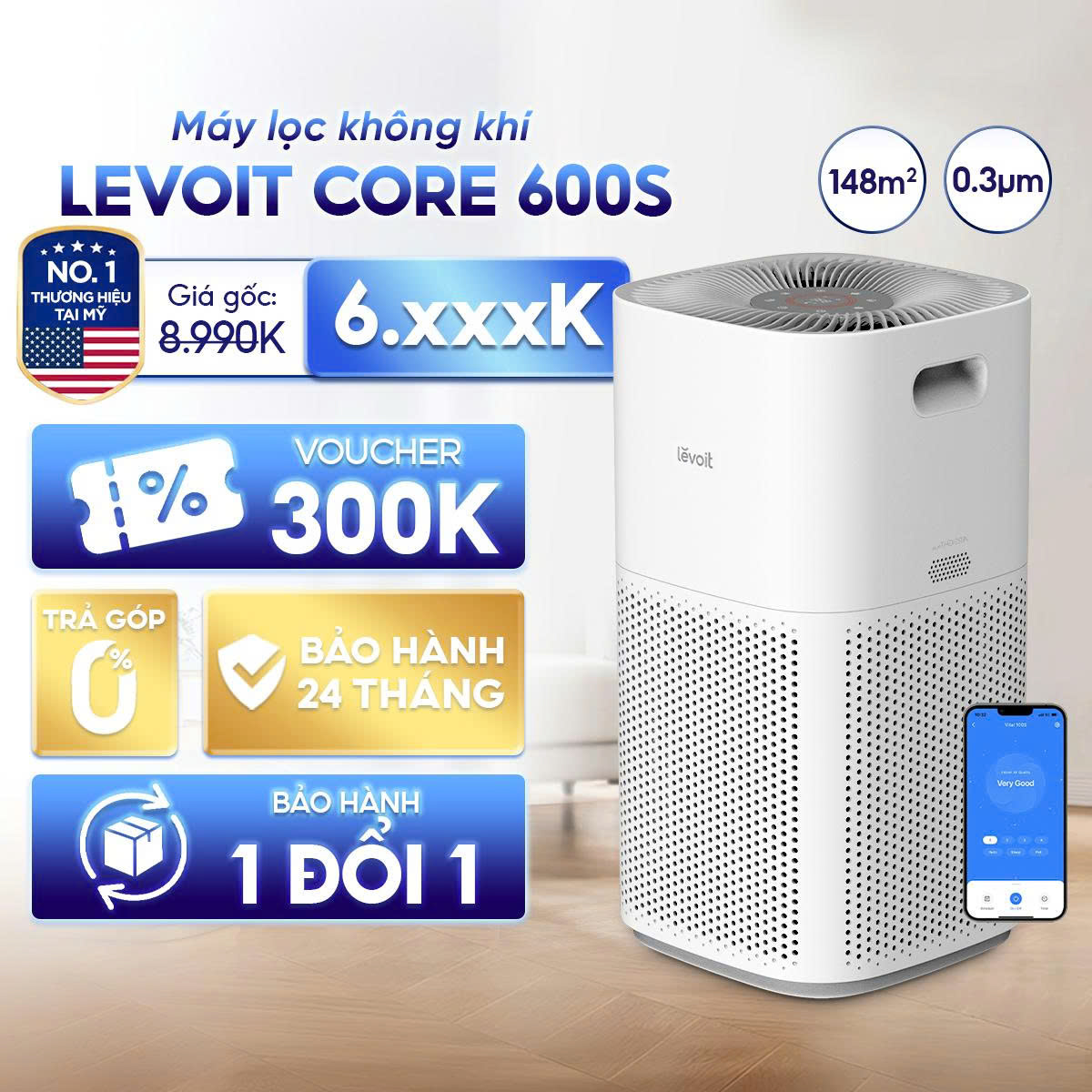 Levoit Core 600S Air Purifier 147m2 |   Hepa Core with 3 Layers of Fine Dust Filtration - Air Quality Sensor Light - Timer