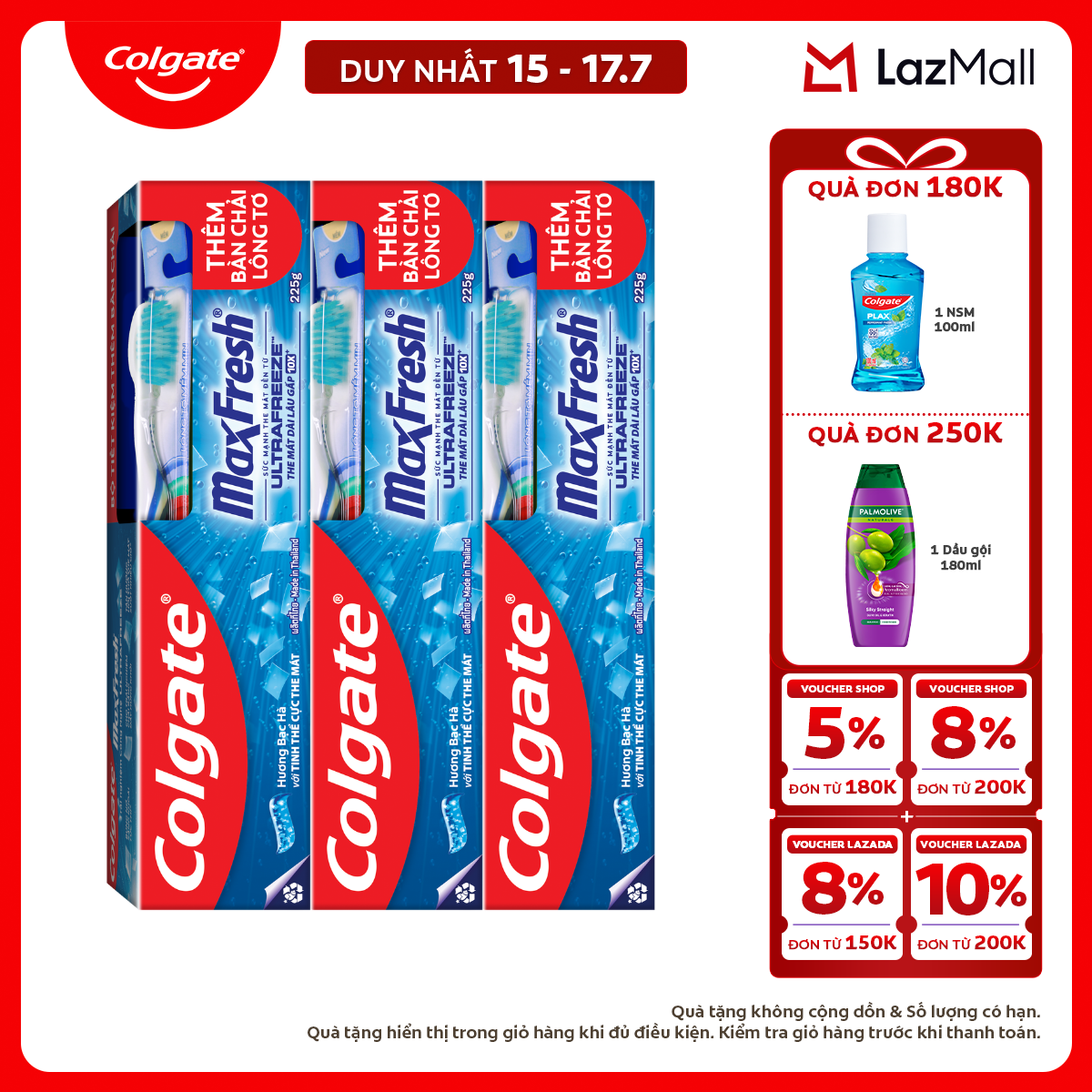 [Chỉ 15-17.7_X2 Voucher giảm đến 18%] [Tặng bàn chải đánh răng lông mềm] Bộ 3 Kem đánh răng Colgate MaxFresh 225g /tuýp tặng bàn chải đánh răng lông mềm