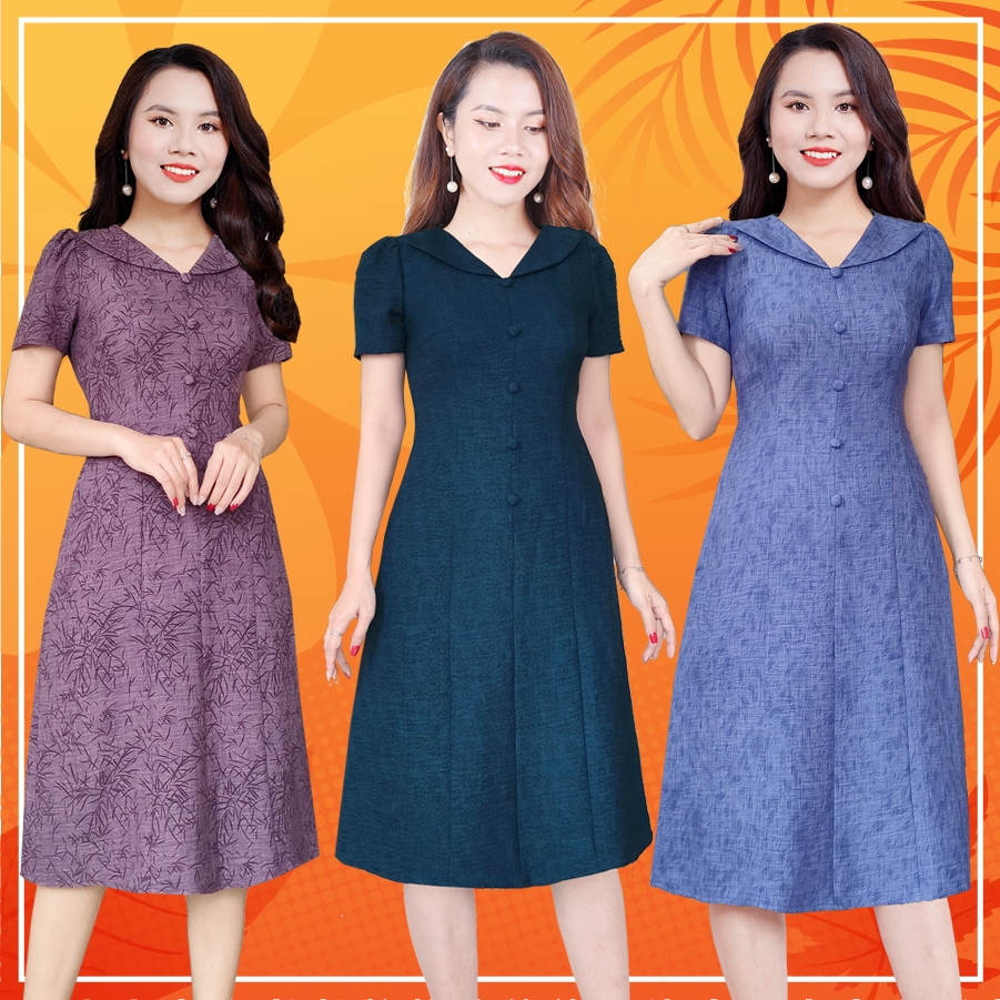 Đầm cổ vest phối cúc hoa lá dl651 dl652 dl653