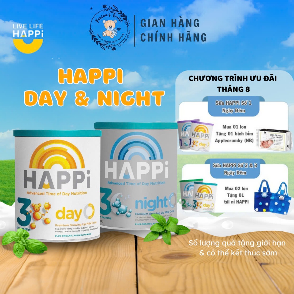 [Sẵn]Sữa bột HAPPI Day & Night ngày và đêm 600gr Úc cho bé từ 0m - 3 tuổi (số 1-2-3) Karina’s house