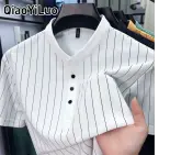 QiaoYiLuo Mùa hè thời trang Lụa băng polo Áo sơ mi cho nam giới, giản dị Ngắn Tay Kẻ Sọc Top