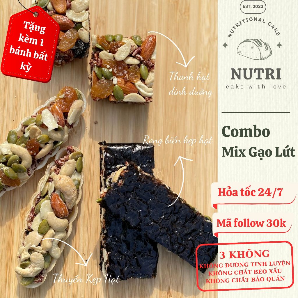 COMBO MIX GẠO LỨT , Gồm : Bánh Thuyền, Bánh Rong Biển Kẹp Hạt, Thanh Hạt Dinh Dưỡng - Nutri Cake