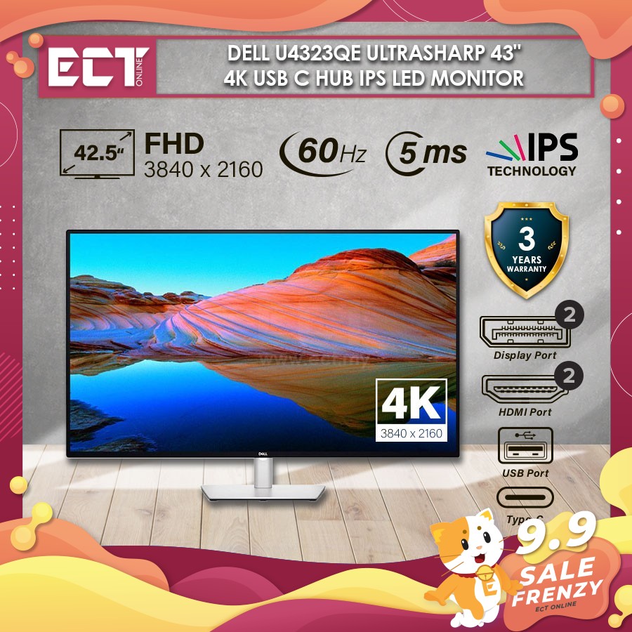 Dell U4323QE UltraSharp 43" 4K 3840 x 2160 UHD USB C Hub IPS LED Monitor with Speakers (2 x DP, 2 x HDMI, USB C, LAN)