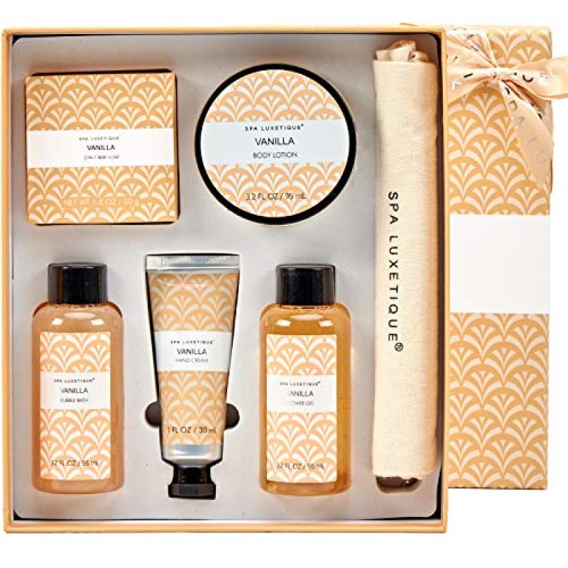 Buy Spa Luxetique Vanilla Spa Gift Set, 6pc Travel Bath Gift Set with Bar Soap, Body Lotion, Shower Gel, Bubble Bath, Hand Cream, Natural Drawstring Linen Burlap Bag. Perfect Birthday Christmas Gift Set. Singapore