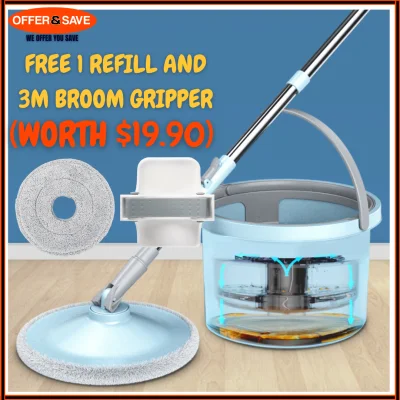 [Free 1 Refill+3M Broom Gripper Worth $19.90] [Free Shipping] All New 2021 Spin Mop With Brush High Spinning Power Compact Spin Flat Mop With Flat Microfiber Mop Head Clean Water Cleaning