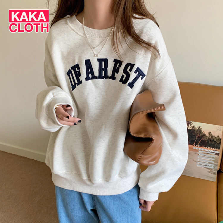 Kakacloth1 cổ tròn áo len dài tay thêu chữ Áo nữ dài tay rộng 2024 mùa xuân và mùa thu mới Áo len mỏ