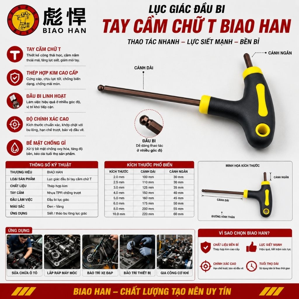 CHÌA LỤC GIÁC ĐẦU BI TAY CẦM CHỮ T BIAO HAN Kích thước 3-6mm