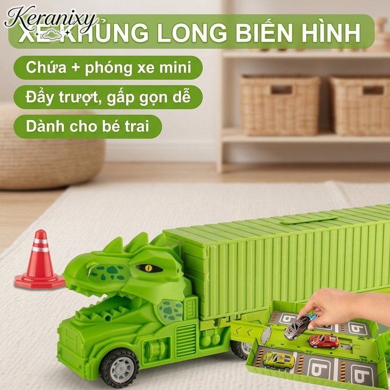 Keranixy Bộ đồ chơi đường ray xe hơi khủng long cỡ lớn nhựa an toàn lắp ráp mô hình xe chạy pin giải trí tại nhà
