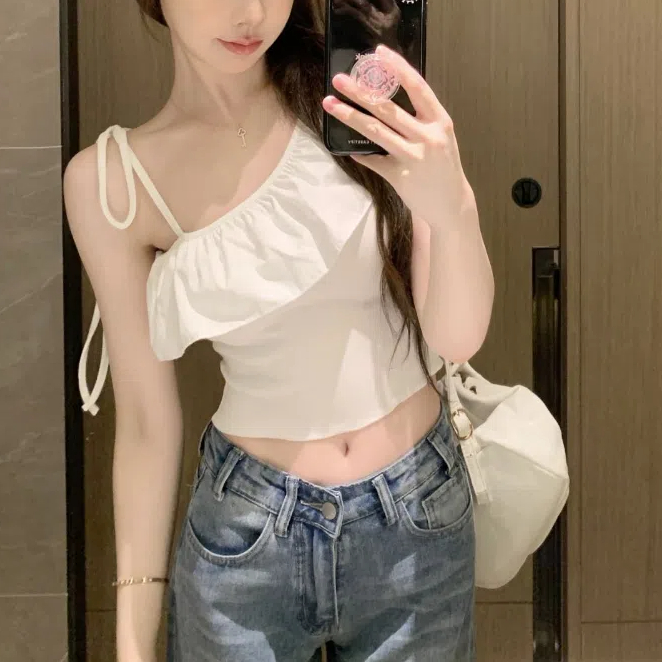 เสื้อเชิ้ตสายเดี่ยวสะพายไหล่ใบบัวสำหรับผู้หญิงเสื้อท่อนบนไหล่แนวทแยงไหล่เดียวสุดฮอตสำหรับฤดูร้อนSlant-shoulder top ราคา 113 บาท*ส่งฟรี