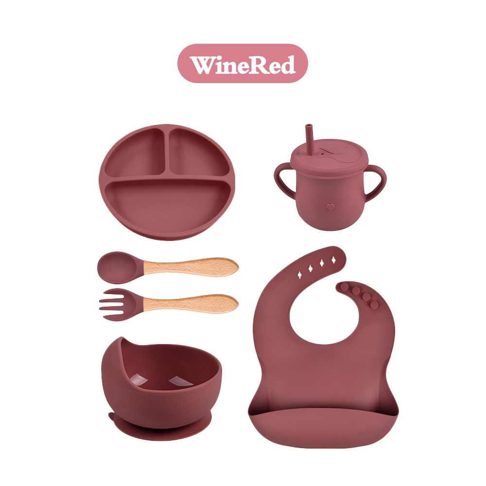 Bevavar 6in1 Peralatan Makan Bayi Silicon Hampers Newborn Baby Feeding Set Mangkok Sendok Anak Bayi Set