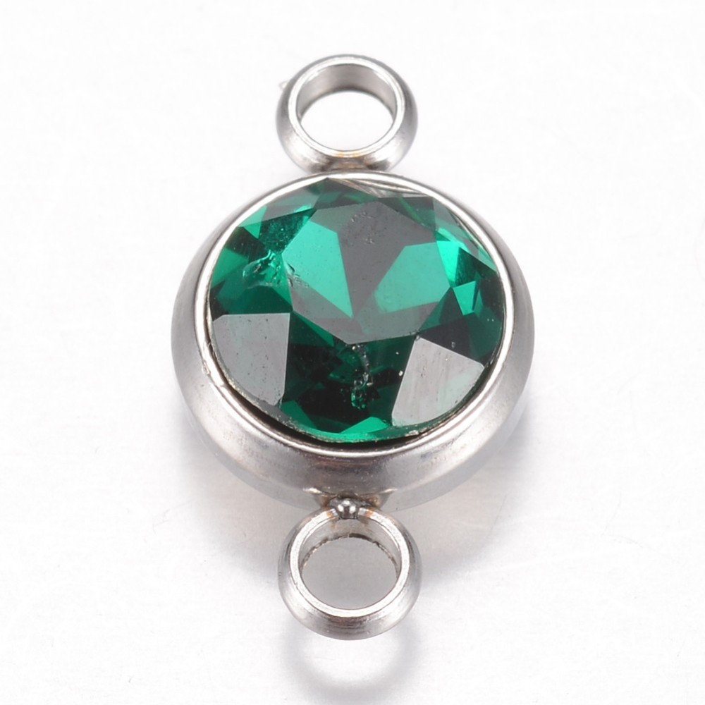 1pc Glass Links connectors Faceted with 304 Stainless Steel Findings Flat Round Stainless Steel Color Emerald 17.5x10x6.5mm Hole: 2.5mm