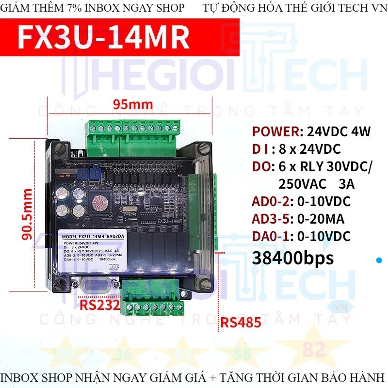 Bộ lập trình logic điều khiển công nghiệp PLC FX3U 6AD 2DA 14MR 14MT 8 ngõ vào X, 6 ngõ ra Y RS232 38400bps RS485 modbus - FX3U-14MR