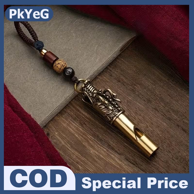 PkYeG Còi sinh tồn ngoài trời bằng đồng thau, dễ mang theo và có thể được sử dụng như một chiếc móc khóa, với thiết kế đầu rồng và dây đeo chìa khóa.