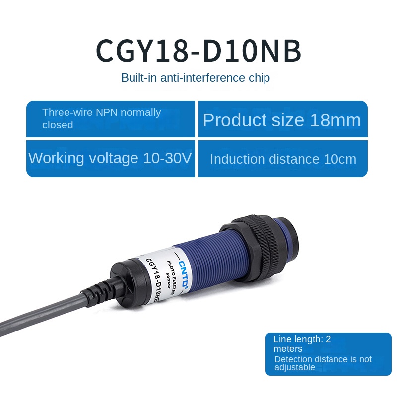 Cảm Biến Quang Điện CGY18E D10NB M18 CNTD - tùy chọn PNP/NPN Thường Mở/Thường Đóng, 3 Dây, M18, 10-30cm