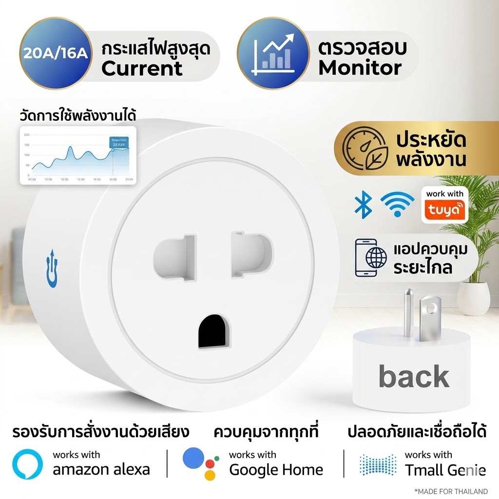 20A / 16A Smart Wifi Socket Compatible with Alexa and Google Home, Remote Control and Timer, App, Voice Commands, Power Monitor Adapter, European Plug, Wireless Remote Control, Voice Timer. ราคา 241 บาท*ส่งฟรี