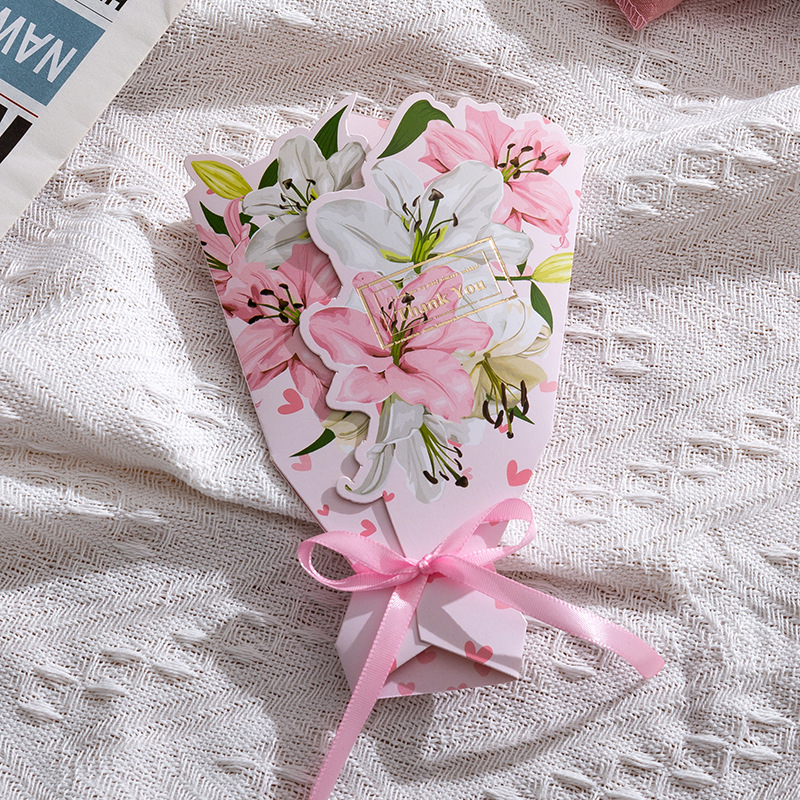 3D Bouquet Flower Card Ribbon Greeting Blessings Thank you Birthday Gift Mothers Fathers Day Message Card 父亲母亲生日贺卡