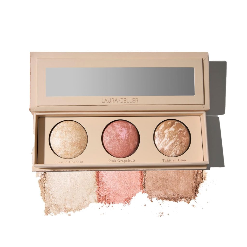Bảng phấn bắt sáng má hồng tạo khối Laura Geller Baked Trio Palette -B Các ô phấn mịn, mướt, lên màu chuẩn phù hợp mọi tone da  Sản phẩm được sản xuất tại Ý
