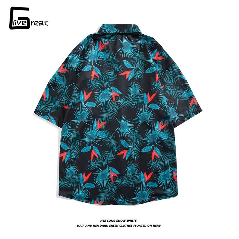LIVE GREAT |Áo sơ mi nam tay ngắn Hawaii rộng áo sơ mi in hình đi biển đơn giản áo đôi áo sơ mi ngắn tay in nhiệt đới tay ngắn