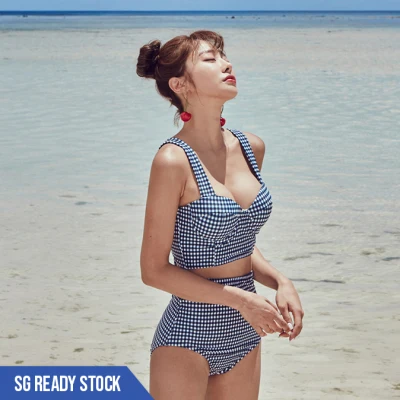 Bikini - Back Ribbon High Waist Checked Design Bikini Set Swimwear Women - Blue - Beachwear - Swimwear
