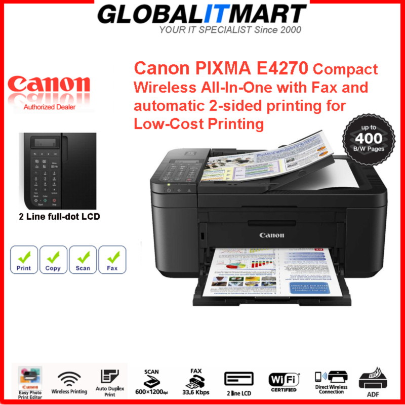 Canon PIXMA E4270 Compact Wireless All-In-One with Fax and automatic 2-sided printing for Low-Cost Printing Singapore