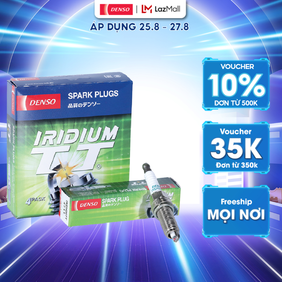 Bộ 4 Bugi Ô Tô IXEH20TT DENSO Iridium, Hai Đầu Đánh Lửa, Tiết Kiệm Nhiên Liệu, Dùng Cho Nhiều Dòng Xe Mã 267700-8500