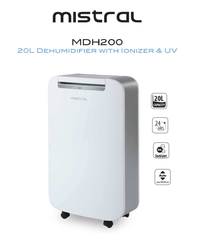 Mistral 20L Dehumidifier with Ionizer & UV (MDH200) Singapore