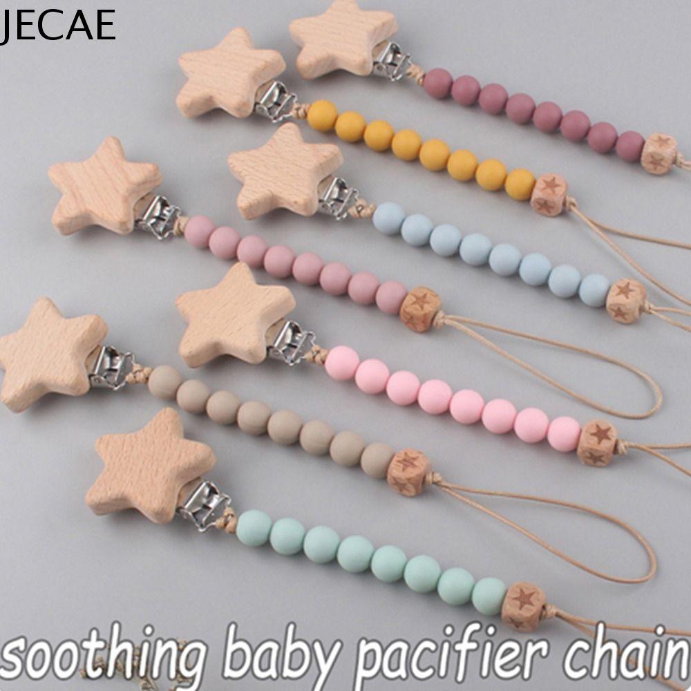 JECAE Hữu ích Dây xích giữ núm vú Nhiều màu Hạt Ngôi Sao Gỗ Sồi Chống rơi Cấp thực phẩm Chuỗi núm vú giả cho bé Chuỗi răng hàm Dây buộc Chuỗi kẹp núm vú giả