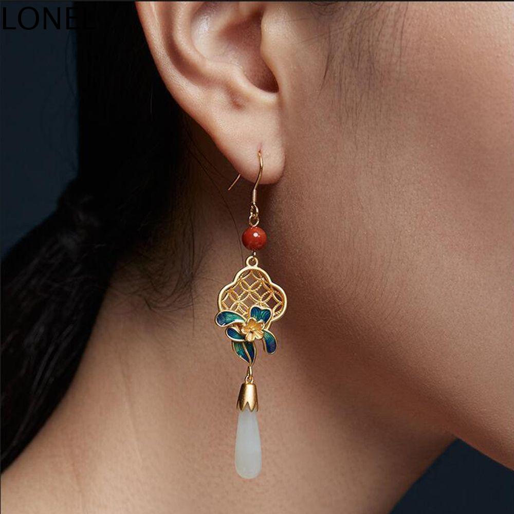 LONEL Cổ điển Thanh lịch Nước Drop Shipping Retro Ngọc Sen Phụ nữ Tai Thả Trung Quốc Phong Cách Bông Tai Tai Phụ Kiện Cổ Bông Tai