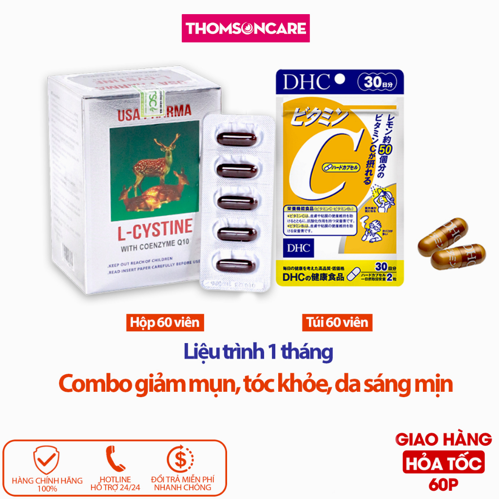 Combo trắng da Lcystine, DHC Vitamin C giúp đẹp da, giảm rụng tóc - Bổ sung vitamin c, Coenzym Q10, 