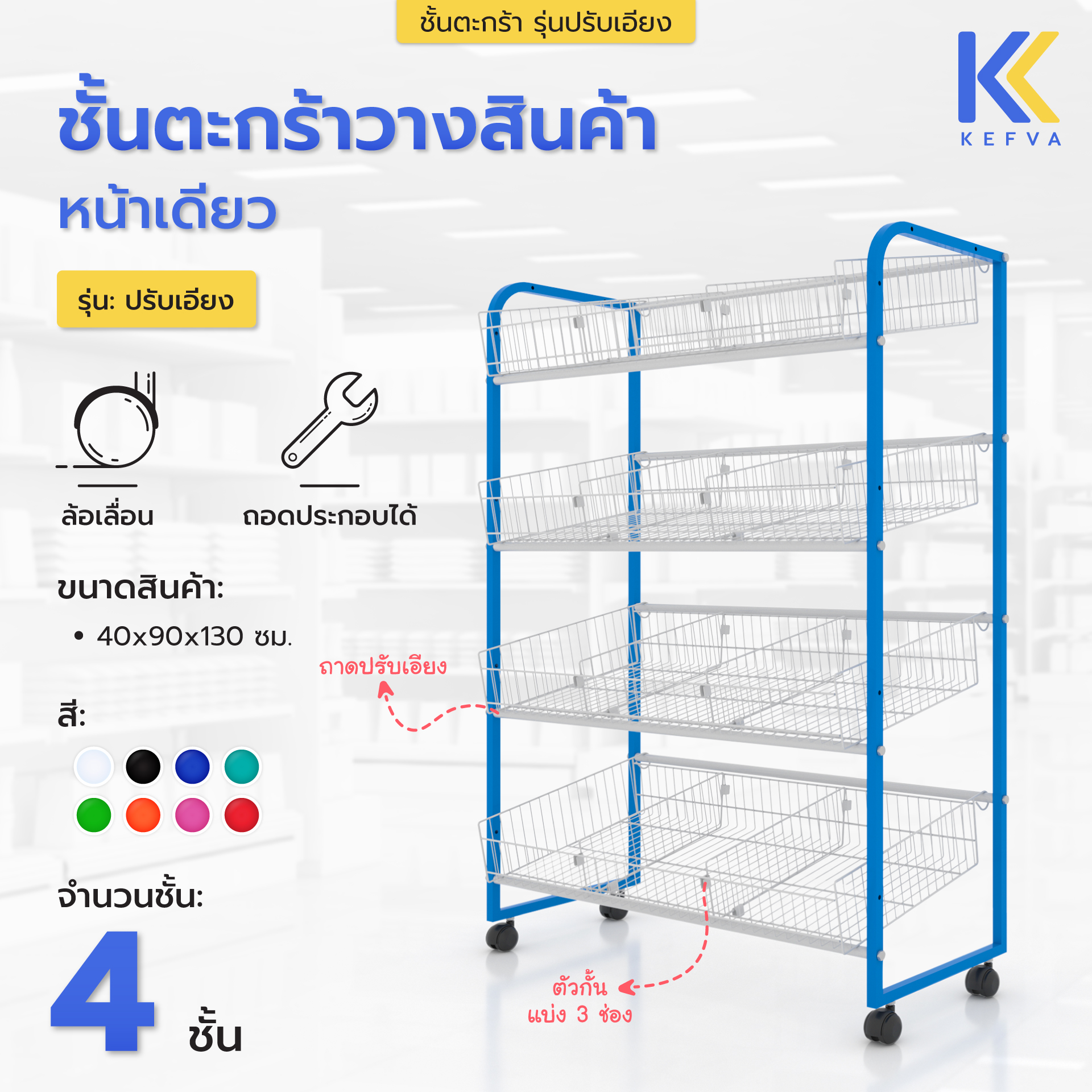 kefva ชั้นตะกร้าวางข้อต่อ 4ชั้น หน้าเดียว ขนาด40x90x130cm รุ่นปรับเอียง มีล้อเลื่อนและกั้นแบ่ง3ช่อง ชั้นตะแกรงเหล็กโชว์สินค้า ชั้นตะกร้า ชั้นตะกร้าข้อต่อ ชั้นวางสินค้า ชั้นวางของ ชั้นตะกร้ามินิมาร์ท ราคา 2,290 บาท*ส่งฟรี