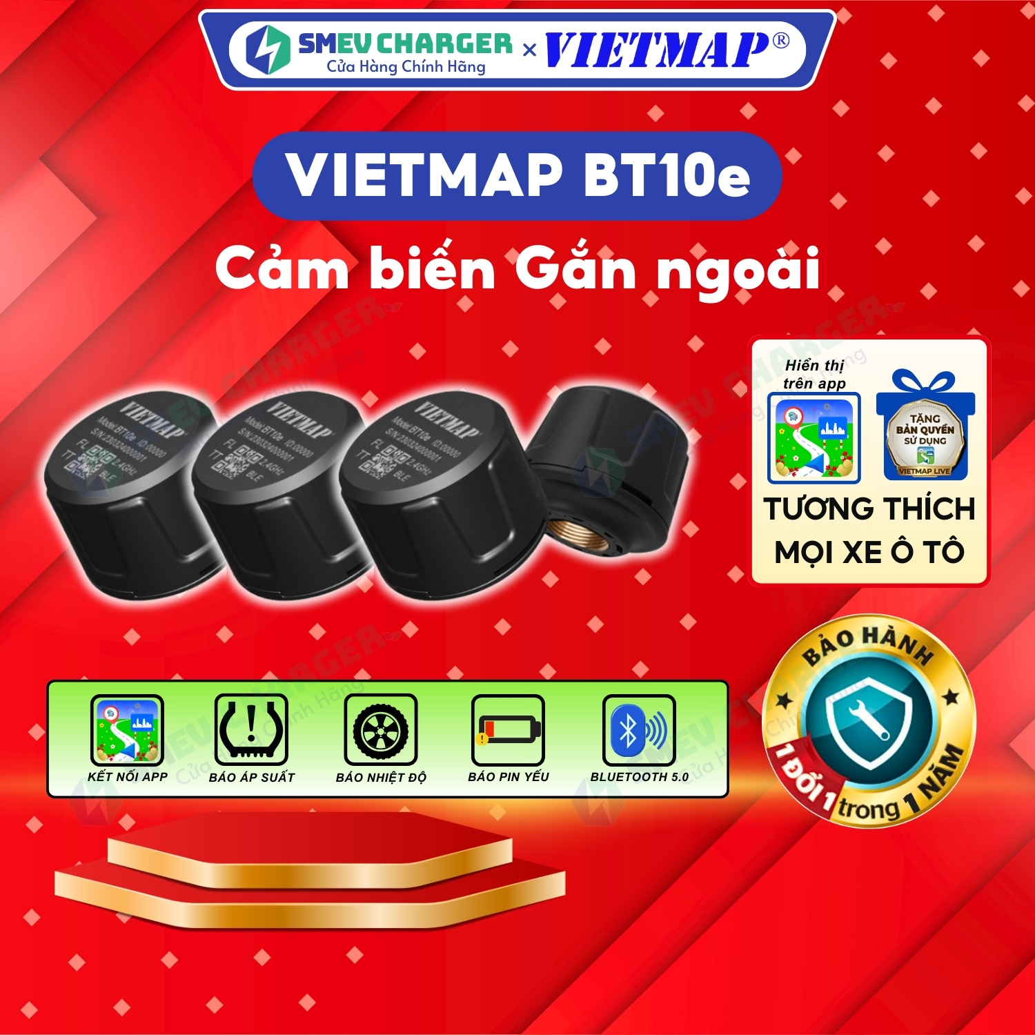 Cảm Biến Áp Suất Lốp Vietmap BT10 - Báo áp suất lốp - Kết nối điện thoại - SMEV - Hàng chính hãng