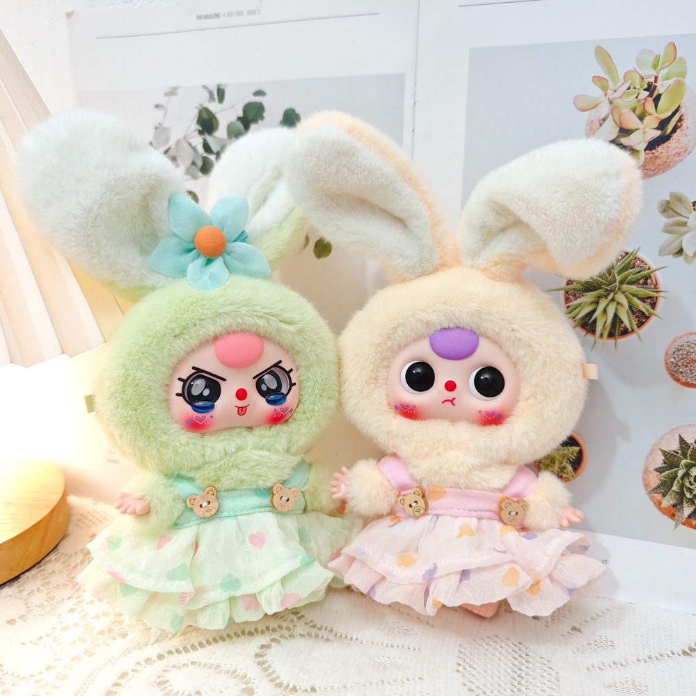 Baby three macaron little rabbit plush blind box clothes doll quần áo trẻ em váy dễ thương suspender váy thay thế trang phục