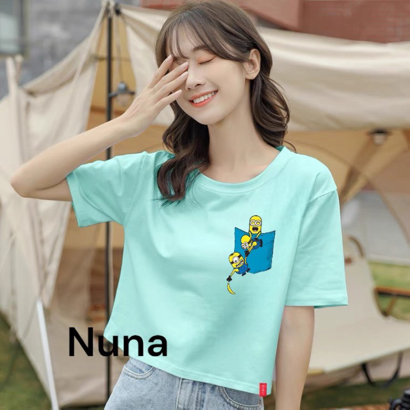 Áo Croptop Thun Nữ Form Rộng Tay Ngắn Cổ Tròn Hình ba minion túi 015