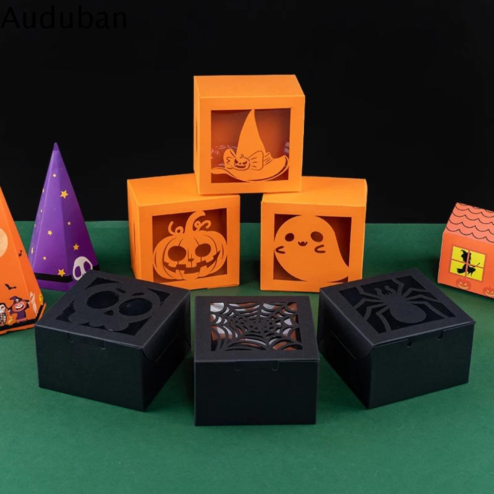 AUDUBAN 50PCS Giấy kraft Hộp quà kẹo Halloween Họa tiết ma/bí ngô/nhện Hình vuông Hộp bánh quy Đồ dùng tiệc theo chủ đề Cửa sổ trong suốt Hộp đóng gói kẹo Tiệm bánh