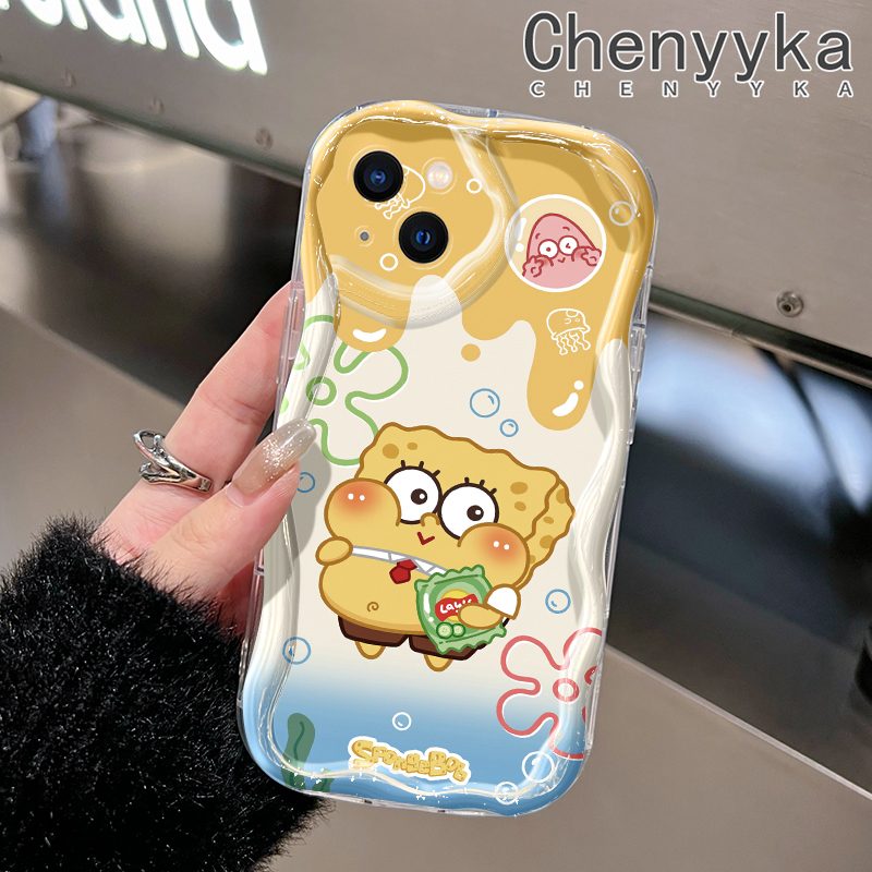 chenyyka Casing For iPhone 14 Pro Max 14 Plus 13 Pro Max 13 Mini Case SpongeBob Patrick Star Pattern Creamy Texture Wave Border Soft Shockproof Phone Cases Camera Transparent Casing Silica Gel Protective Cover